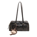 Black Boston style shoulder bag in sleek faux leather with a cute beige plush dog charm - Black With Pendant