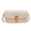 Minimalist beige textured leather square handbag with a stylish gold metal twist lock - White