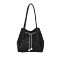 Elegant black bucket bag with weave texture, drawstring chain, and large pearl charms - Black