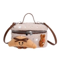 Beige faux fur box bag with star studs and cute plush charms on white background - Faux Rabbit Fur Style
