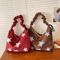 Vintage tote bags in burgundy and brown featuring star patterns and ruched handles - Star Decor Ruched Strap Style / Brown