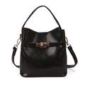Classic black leather bucket bag with golden twist lock and top handle for women - Black