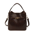 Chic dark brown oily leather bucket bag with golden twist lock and adjustable shoulder strap - Brown