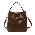 Dark brown oil-wax leather bucket bag with gold metal lock and adjustable shoulder strap - Brown