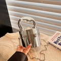 Silver cylinder acrylic evening clutch with thick handle and metallic chain strap - Cylindrical Shape / Silver