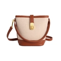 Secchiello alla moda in tela beige con finiture in pelle marrone e dettagli dorati - Marrone