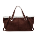 Brown suede tote bag with white faux fur trim and adjustable straps for autumn - Brown
