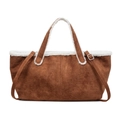 Brown suede tote bag with white faux shearling trim and adjustable shoulder strap - Brown