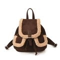 Deep brown faux suede backpack with white plush faux fur trim and leather straps - Brown