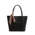 Classic black lychee pattern leather tote bag with geometric printed decorative scarf - Black