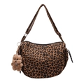Leopard print canvas tote bag with plush bear charm and adjustable shoulder strap - Brown Leopard