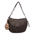 Leopard print crossbody crescent bag with adjustable strap and plush dog keychain - Black Leopard