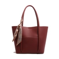 Deep burgundy lychee leather tote bag with a geometric decorative silk scarf on handle - Red
