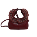 Mini burgundy leather handbag with vintage ruffled handle and crossbody strap - Red