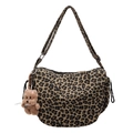 Crossbody leopard print crescent bag with cute bear charm and adjustable strap - Khaki Leopard