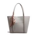 Gray lychee grain leather tote bag with a geometric pattern silk scarf on the handle - Gray