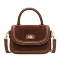 Classic dark brown suede and leather crossbody handbag with golden metal twist lock - Brown