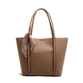 Brown leather tote bag with lychee texture and decorative vintage silk scarf handle - Khaki