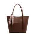 Brown lychee leather tote bag with a decorative geometric silk scarf accessory - Brown