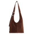 Dark brown suede hobo bag with adjustable wide shoulder strap and minimalist vintage design - Brown