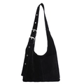 Minimalist black faux suede shoulder bag with silver eyelet buckles and front pocket - Black
