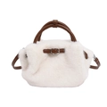 Plush faux fur handbag in cream white with brown leather handles and adjustable strap - White