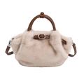 Beige faux fur handbag with brown leather straps and adjustable shoulder strap - Apricot