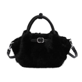 Chic black plush shoulder bag with leather handles and silver buckle for winter style - Black