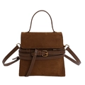 Retro dark brown square crossbody bag with suede texture and gold buckle detail - Brown