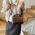 Retro dark brown leather handbag with bohemian wide geometric strap and metal clasp - Brown