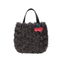 Borsa tote in peluche grigio scuro con manici in pelle nera e ciondolo a ciliegia - Grigio