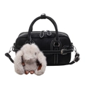 Retro black faux suede boston pillow bag with white stitching and bunny charm detail - Black without Pendant