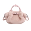 Furry light pink handbag with plush texture, leather handles, and metal buckle detail - Pink