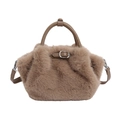Sac fourre-tout en fausse fourrure marron avec poignées en cuir et fermoir argenté - Kaki