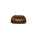 Brown leather shoulder bag with artistic wavy gold metal accent and chain strap - Brown