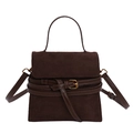 Dark brown retro crossbody bag in textured faux suede with gold buckle and top handle - Brown