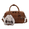 Caramel brown matte shoulder bag with white contrast stitching and bunny charm - Brown No Pendant