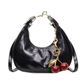 Borsa a spalla nera a mezzaluna in vernice con ciondolo a ciliegia rossa elegante - Nero