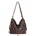 Borsa hobo retrò in tela nera con finiture in pelle marrone e rivetti dorati - Nero