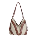 Borsa tote retrò in tela grigia con finiture in pelle marrone e borchie metalliche - Verde