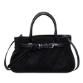 Borsa tote vintage nera opaca con cinturini in pelle liscia e fibbia in argento - Nero