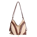 Grande borsa tote retrò in tela beige con spalline in pelle marrone e cerniera a V - Cachi