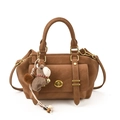 Vintage brown leather messenger bag with top handles, gold hardware and plush horse charm - Brown (With Horse Charm)
