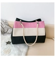 Sac fourre-tout en toile tricolore rose et beige avec poignées en corde - Rose