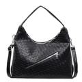 Große schwarze gewebte Shopper-Tasche mit diagonalem Reißverschluss und Gurt - Gewebte Textur / Schwarz