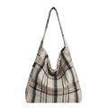 Retro geruite draagtas in beige met zwart-bruine ruitpatronen en een merklabel - Wit
