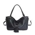 Borsa tote nera in pelle martellata con dettagli intrecciati e nappa in metallo oro - Nero