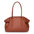 Caramel brown pebbled leather tote bag for women with minimalist trapezoidal design - Tan