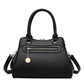 Bolso de mano clásico en cuero negro con patrón de lichi, detalles dorados y correa ajustable - Negro