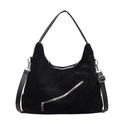 Große schwarze Wildleder Hobo-Tasche mit Reißverschluss und verstellbarem Riemen - Mattierter Samt / Schwarz (Wildleder Stil)